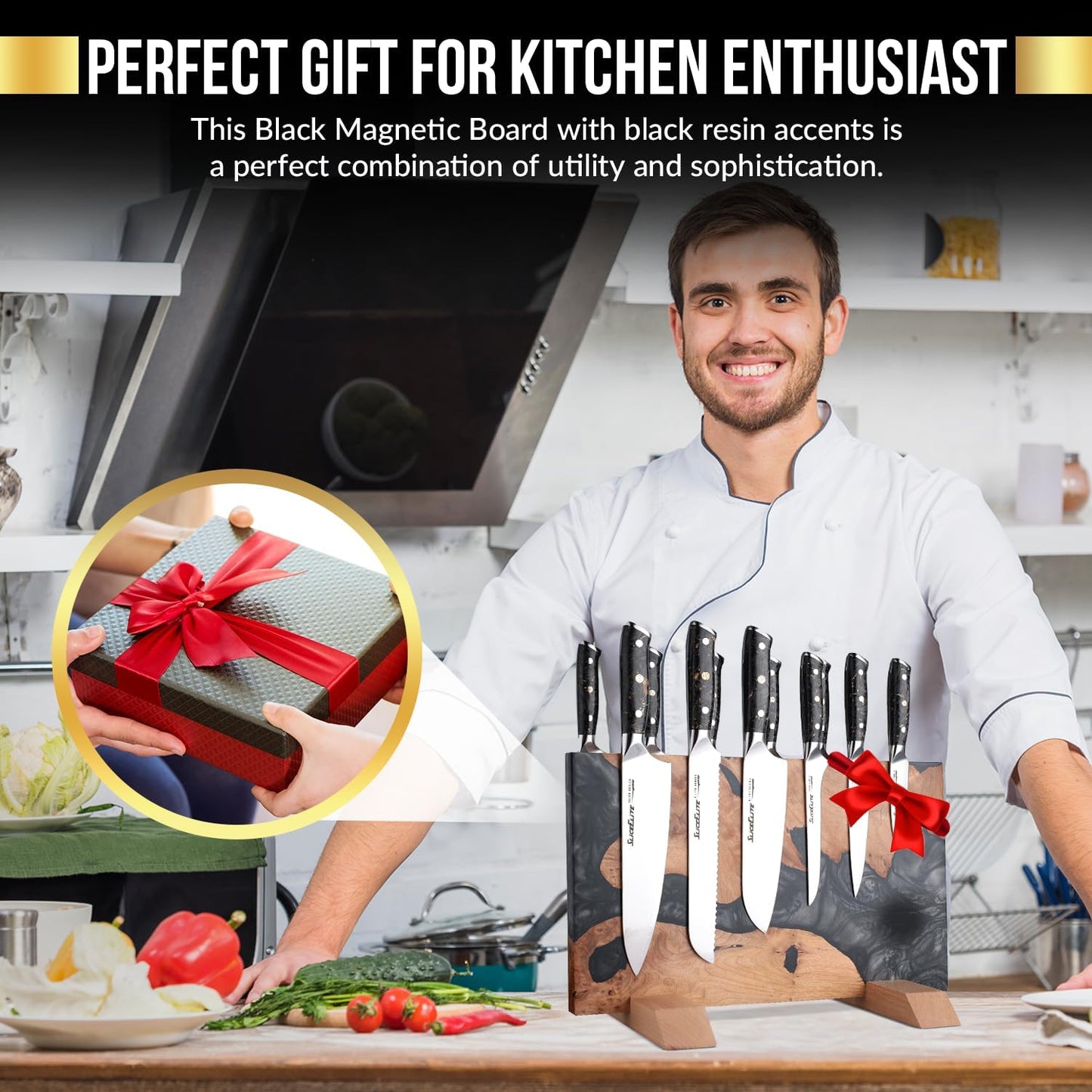 SliceElite Magnetic Knife Block Double Sided Holder East Indian Walnut Black Resin Dual Surface Magnet Storage for Knives on Kitchen Countertop Holds Up To 20 Knives