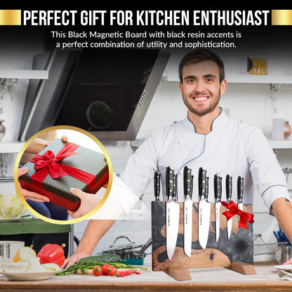 SliceElite Magnetic Knife Block Double Sided Holder East Indian Walnut Black Resin Dual Surface Magnet Storage for Knives on Kitchen Countertop Holds Up To 20 Knives