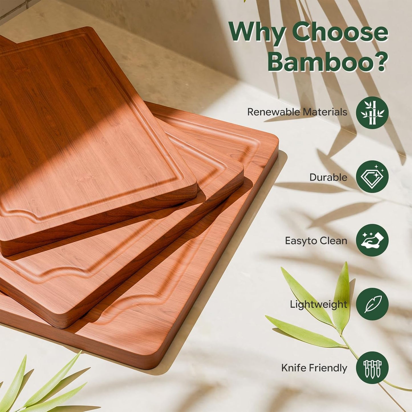 Simple Trending Bamboo Cutting Boards for Kitchen, Durable Chopping Boards with Deep Juice Grooves, Set of 3 Butcher Block for Meat, Vegetables and Fruits