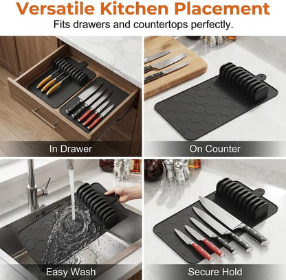 Silicone Knife Drawer Organizer, 2026 Upgraded Knife Organizer Drawer Insert for Kitchen, Non-Slip In Drawer Knife Holder for 8-10 Slots, Dishwasher Safe (Grey)