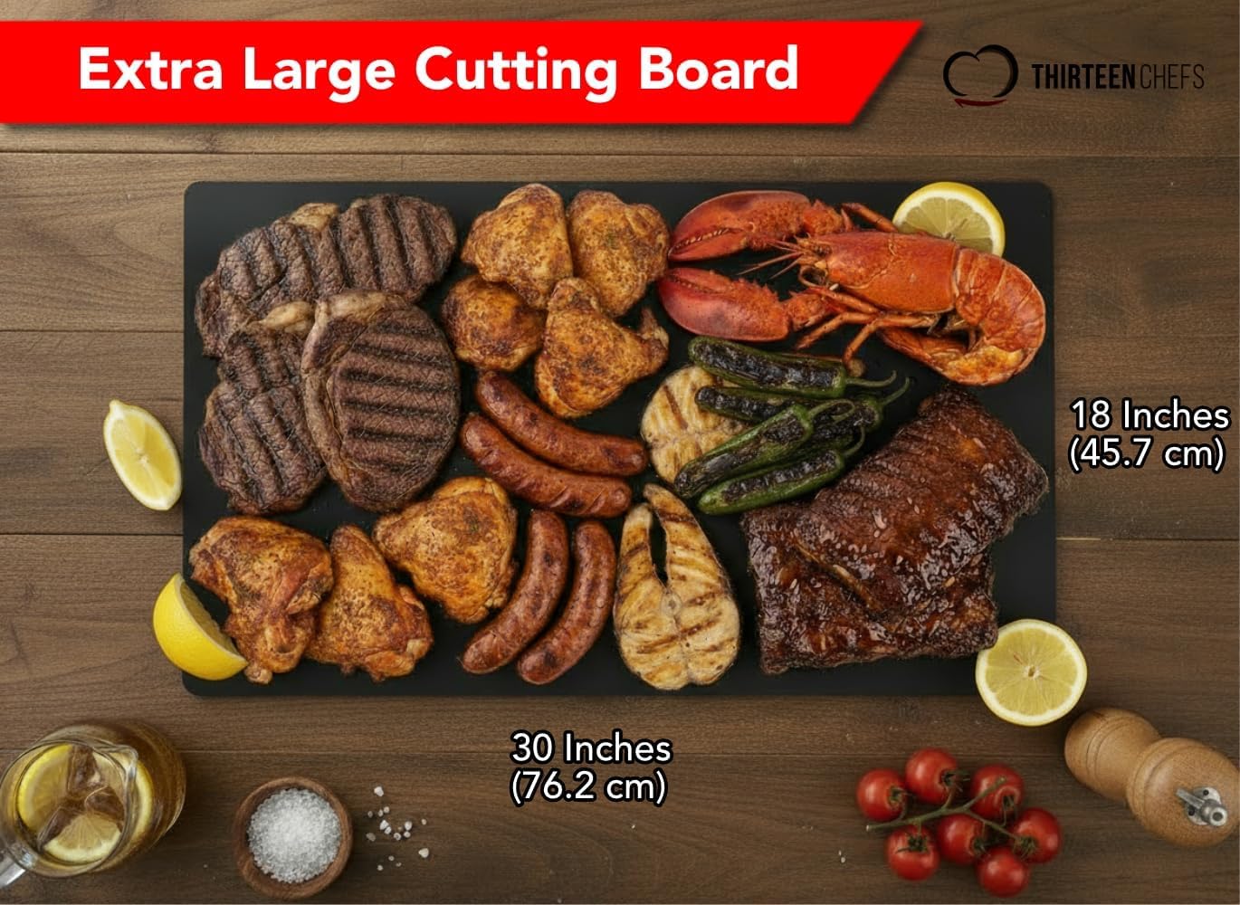 Thirteen Chefs 30x18 Extra Large Cutting Board for Fish, Meat, BBQ - 1/2 Inch Thick Black Plastic, Commercial Grade HDPP Poly with NSF Stamp, 10 pounds