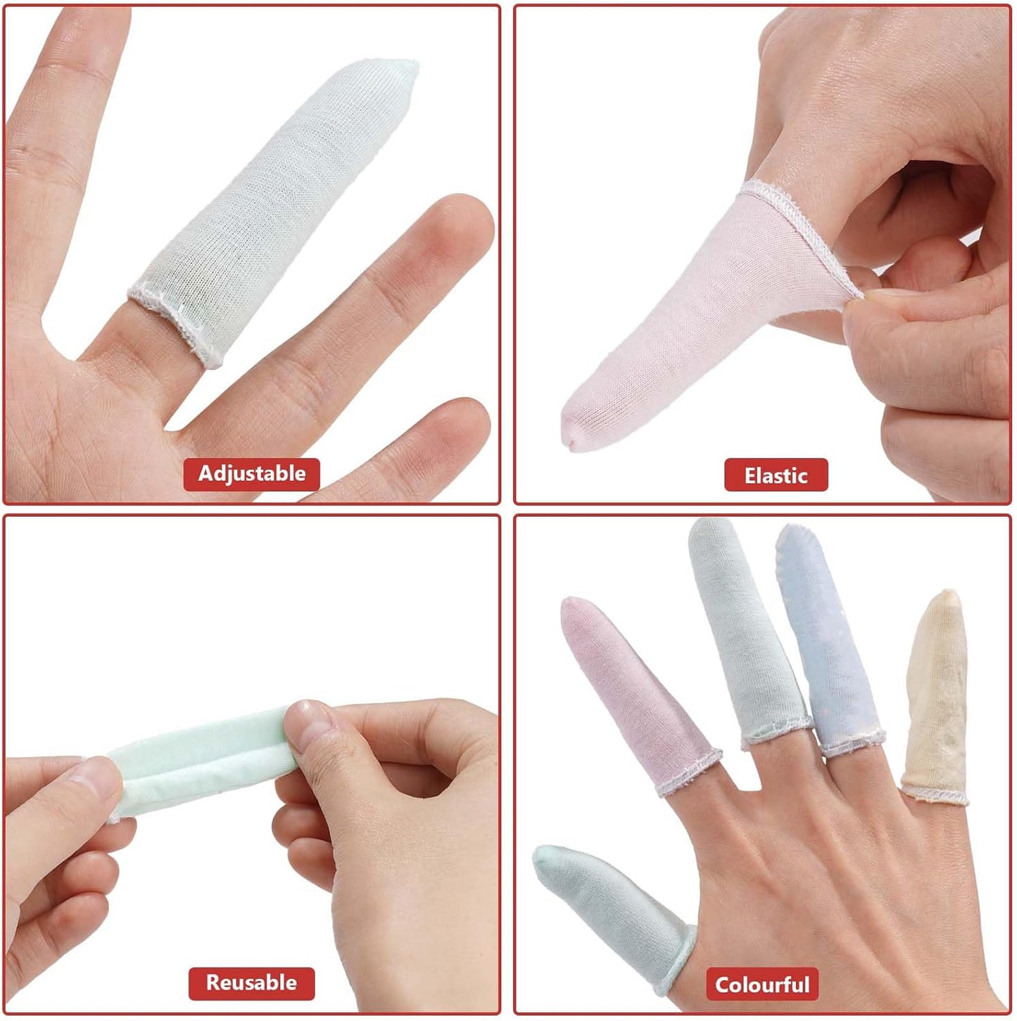 100 Pcs Finger Cots Cotton Material with Elasticity Finger Guards Hand Toe Thumb Fingertips Sleeves Protector by EORTA, Comfortable, Breathable, Absorb Sweat, Reusable, Random Color