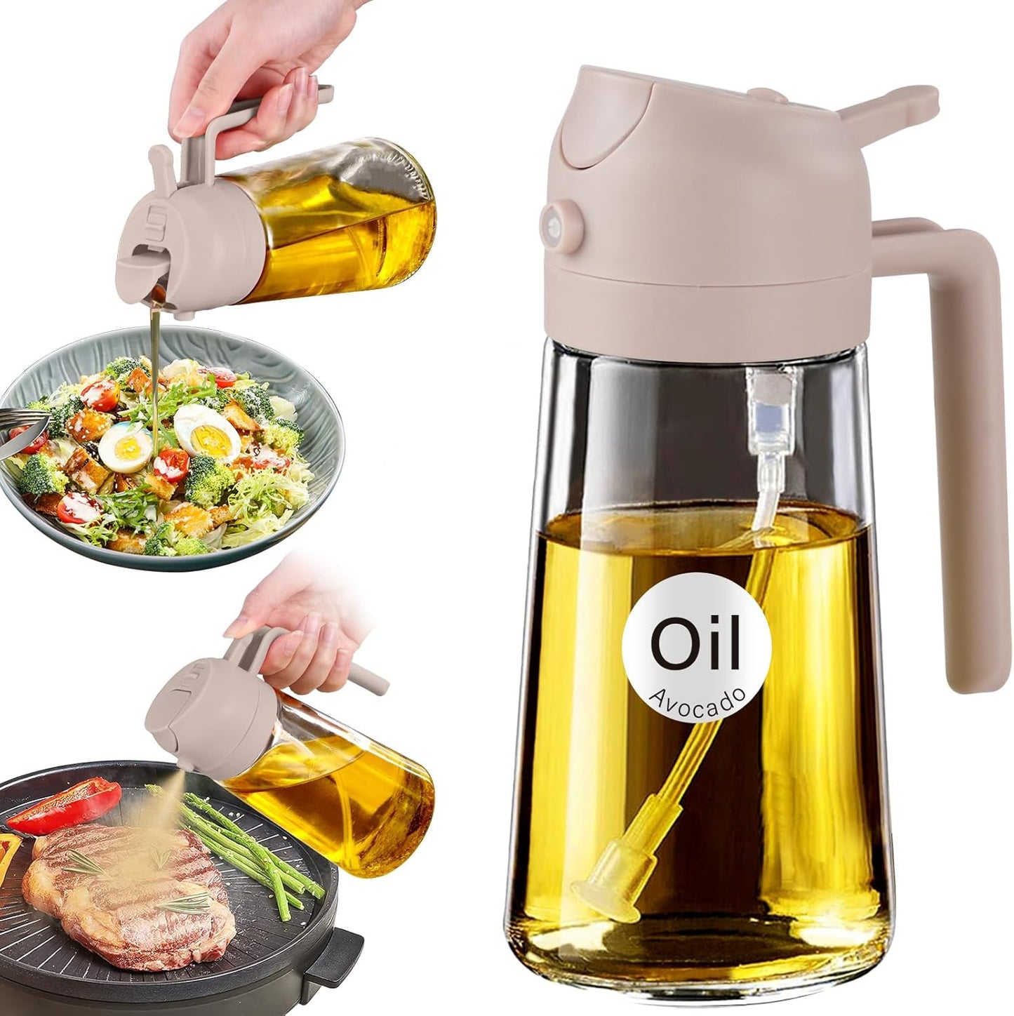 YARRAMATE 16oz/470ml Glass Olive Oil Sprayer for Cooking with Stickers, 2 in 1 Oil Dispenser for Kitchen Gadgets, Food Grade Premium Spray Bottle for Salad, Frying, BBQ (Creamy White)