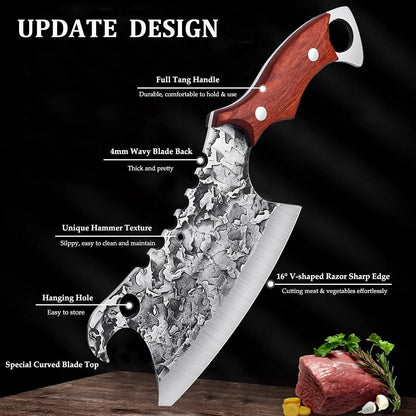 ROCOCO Hand Forged Meat Cleaver Sharp Butcher Knife for Meat Cutting Vegetable Cleaver with Sheath for Home Kitchen Outdoor Camping BBQ Father Mother Gift Idea Men