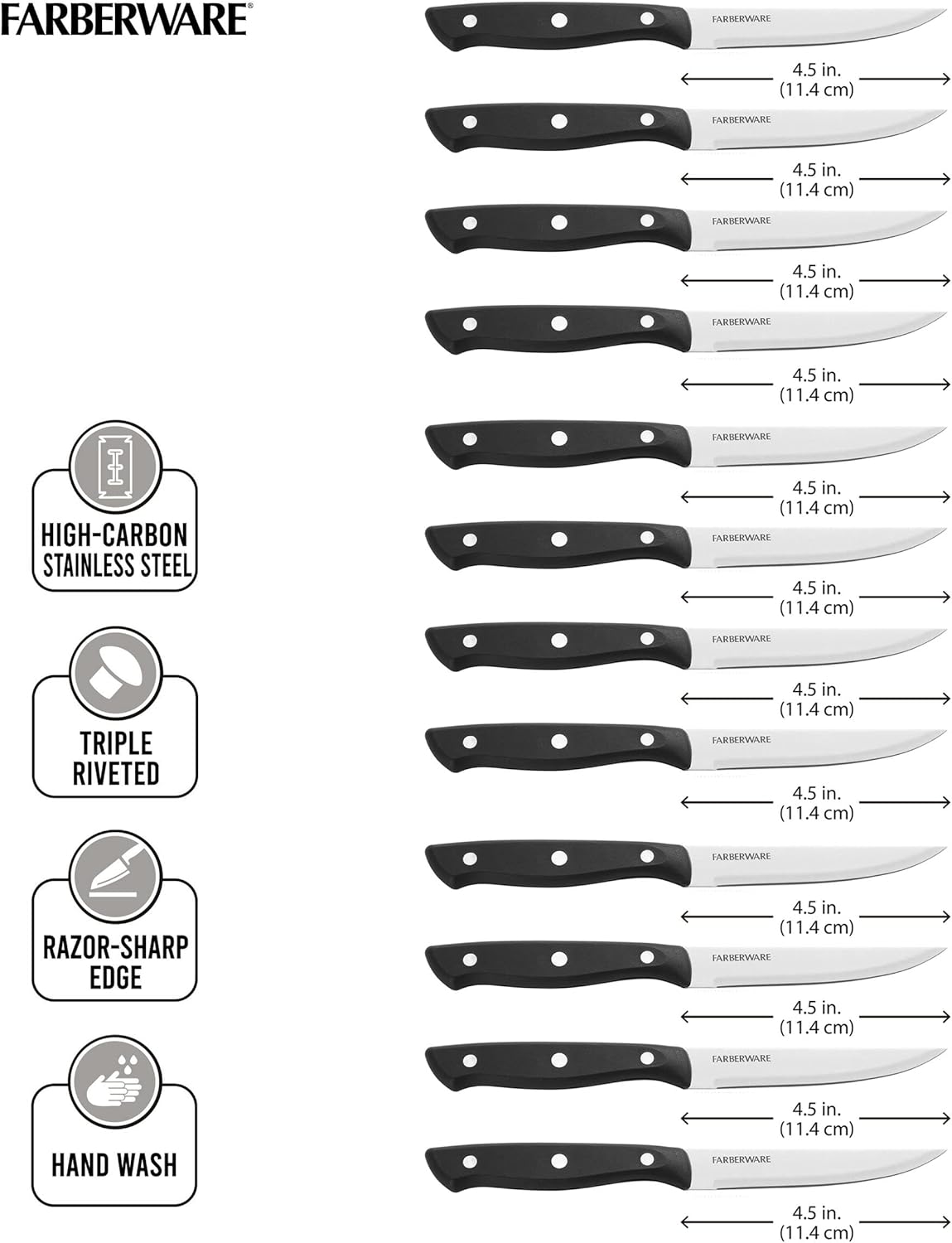 Farberware Full-Tang Triple-Riveted 8-Piece Steak Knife Set, High-Carbon Stainless Steel, Razor-Sharp Knives with Ergonomic Handle, Kitchen Knives, Set of 8, Black