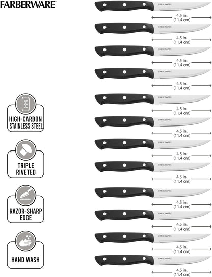 Farberware Full-Tang Triple-Riveted 8-Piece Steak Knife Set, High-Carbon Stainless Steel, Razor-Sharp Knives with Ergonomic Handle, Kitchen Knives, Set of 8, Black