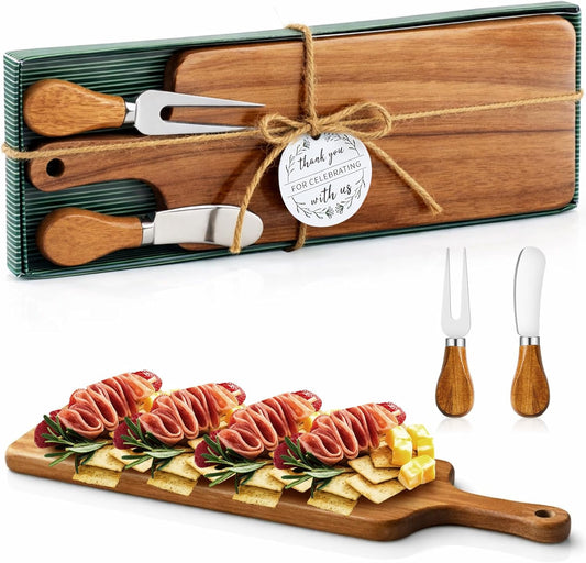 6 Sets Bridal Baby Shower Prizes Cheese Square Wooden Board Gift Set Knives Forks Thank You Tags with Box for Guests for Bridal Baby Shower Wedding Housewarming (Acacia Color)