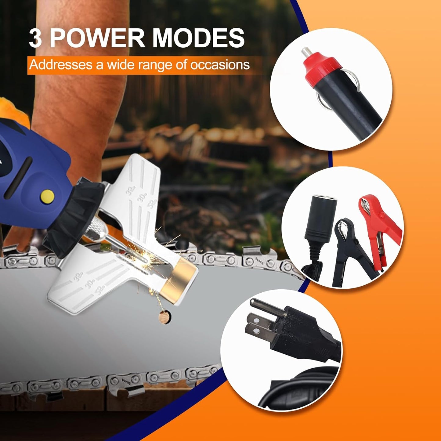 Electric Chainsaw Sharpener kit， Chainsaw Chain sharpener12V,DC 55W 25000PRM,with 5 Alloy Grinding Stones,File, 110V Convert 12V Outlet Power Adapter (ETJ007)