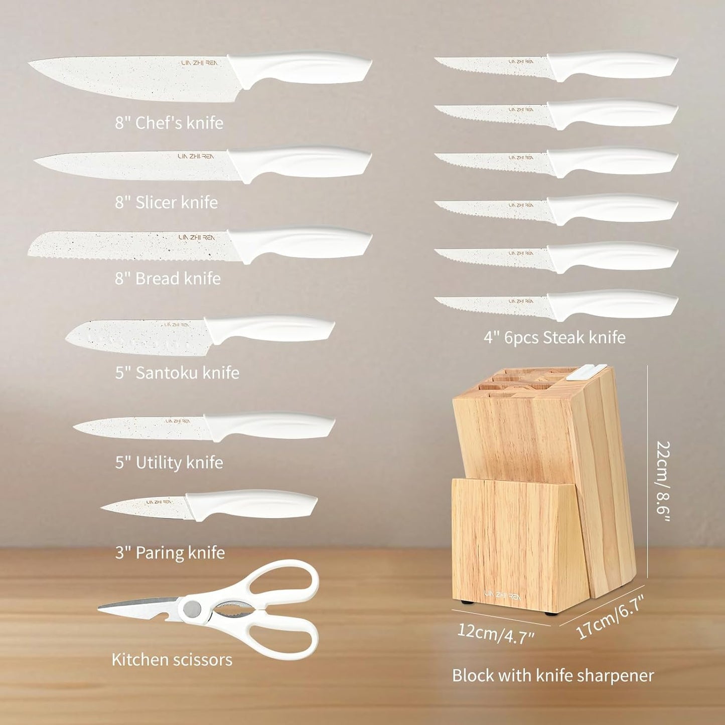 15 Piece Knife Set，Kitchen Knife Block Set，White stainless steel knife set with sharpener for Chopping, Slicing, Dicing & Cutting，Dishwasher safe