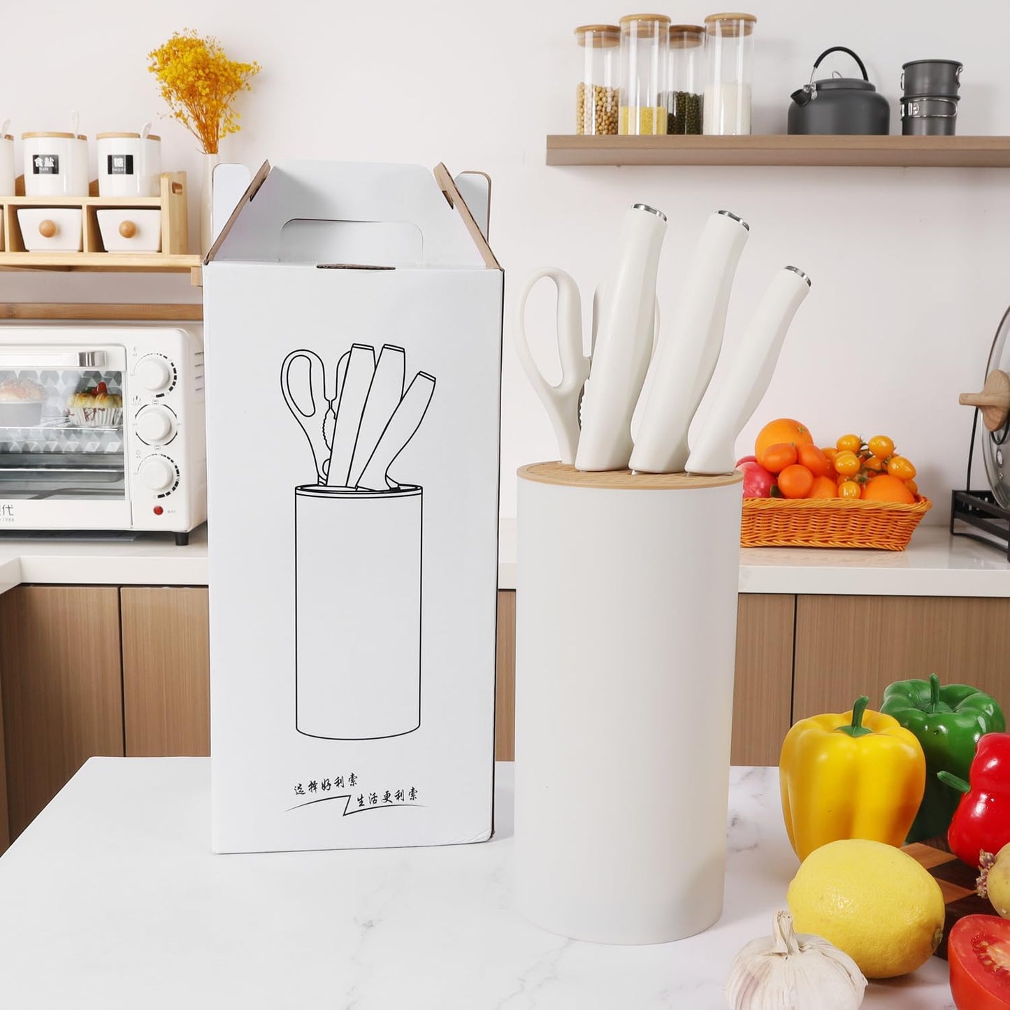 Small Knife Block Set, Modern Kitchen Knife Scissors with Universal Round Holder, Home Apartment New Kitchen Essentials, Space Saving, Dishwasher Safe(Black, 7PCS)