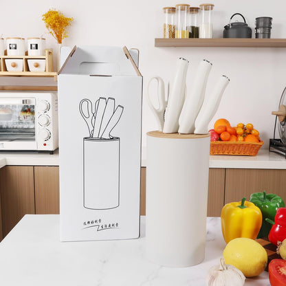 Small Knife Block Set, Modern Kitchen Knife Scissors with Universal Round Holder, Home Apartment New Kitchen Essentials, Space Saving, Dishwasher Safe(Black, 7PCS)