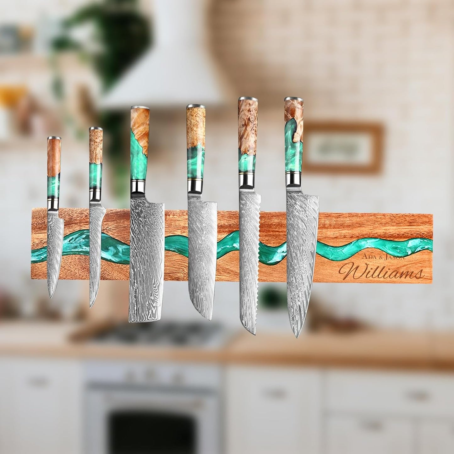 Magnetic Knife Holder, 15.7 Inch Walnut Wood and Resin Magnetic Knife Bar for Wall, Heavy Duty Magnet Holds 8 Knives, Handcrafted Ocean Blue (Ocean's Embrace)