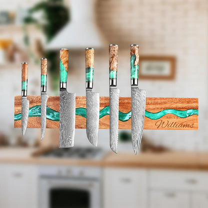 Magnetic Knife Holder, 15.7 Inch Walnut Wood and Resin Magnetic Knife Bar for Wall, Heavy Duty Magnet Holds 8 Knives, Handcrafted Ocean Blue (Ocean's Embrace)