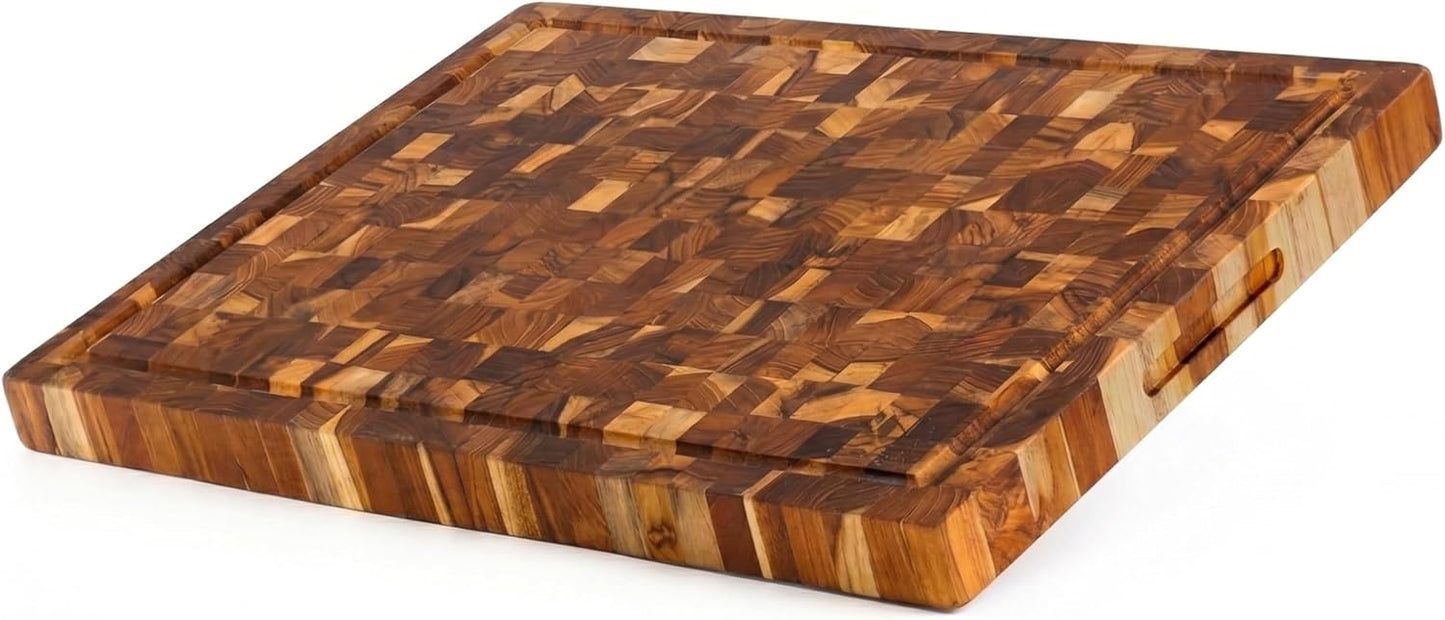 Natural Teak Wood Cutting Board with Juice Groove – Durable End Grain Butcher Block, Knife-Friendly, FSC, Medium Thick Chopping Board for Kitchen BBQ Gifts (11.8 x 7.9 x 1 Inches)