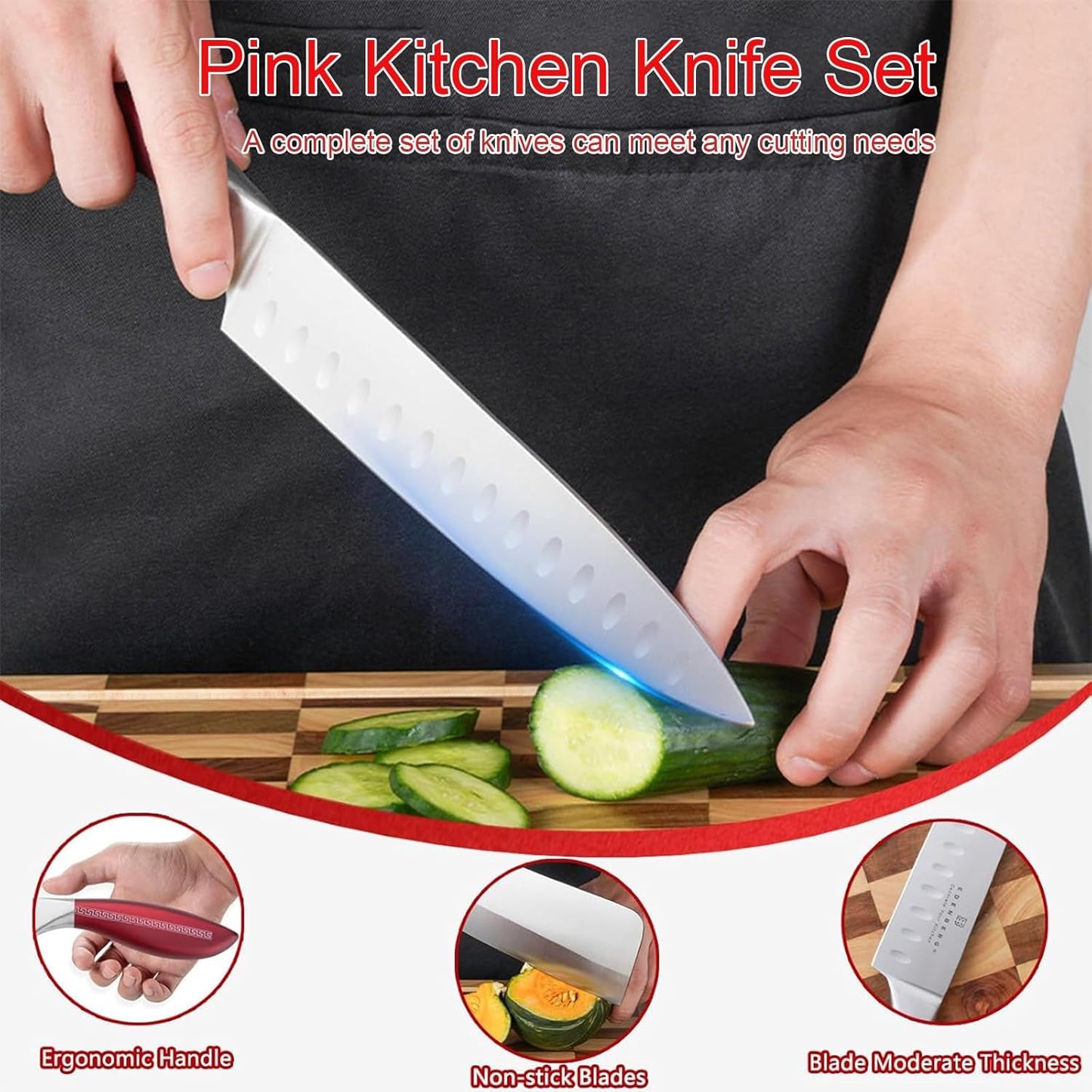8-Pieces Kitchen Knife Set,Sharp Knife Sets with Sharpener and 360° Rotating Block,Non-stick Stainless Steel Knife set for Kitchen,Anti-Rust Dishwasher Safe kitchen sets (Red)