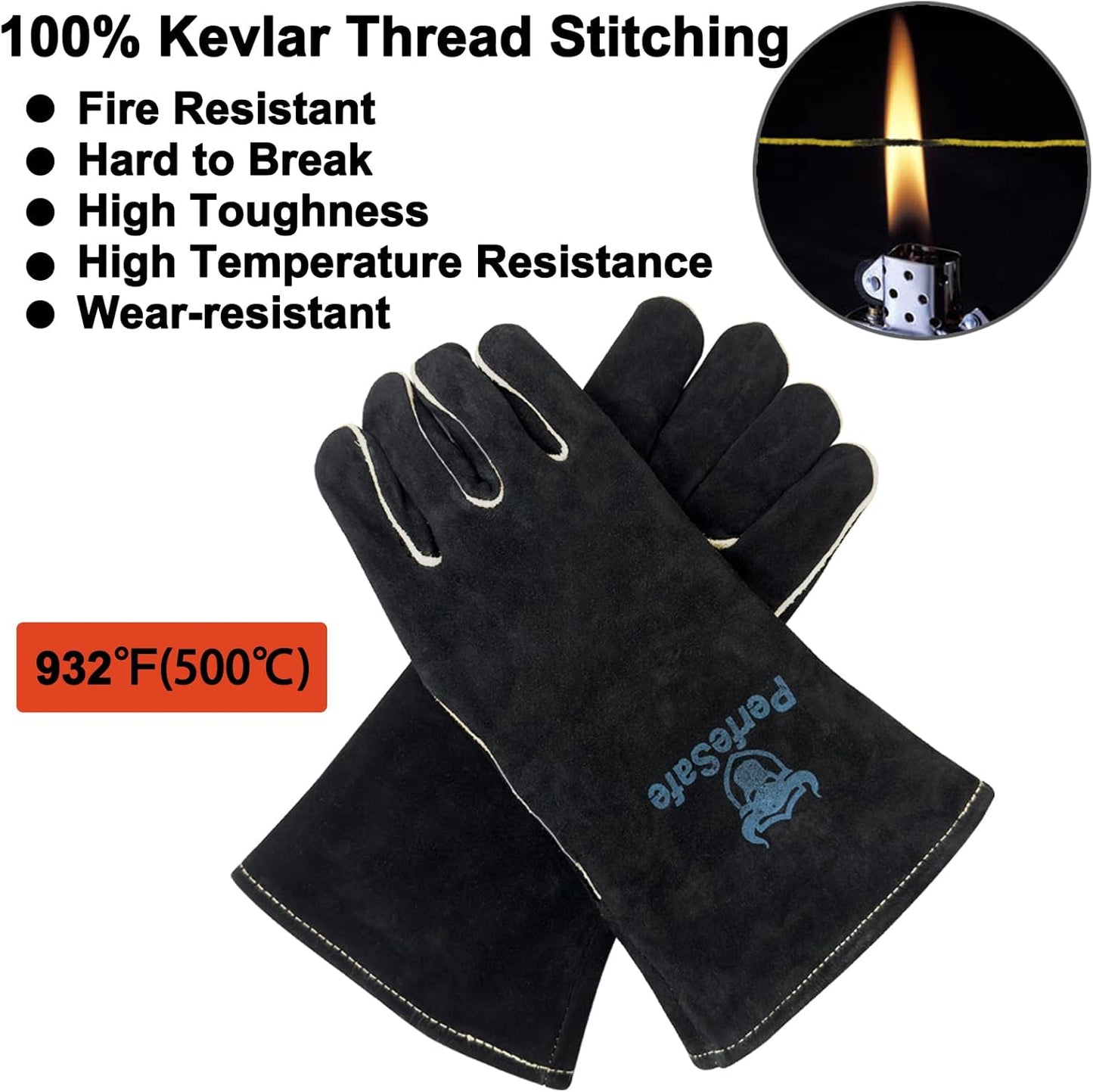 Welding Gloves 14 Inches, Heat Resistant 932 Leather Welders Gloves for MIG, TIG, Stick, Long Sleeve Grill Gloves for Welding, Fireplace, BBQ, Oven, Furnace, Wood Stove, Animal Handling Grey