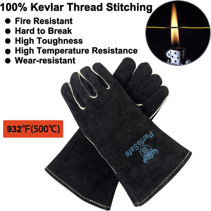 Welding Gloves 14 Inches, Heat Resistant 932 Leather Welders Gloves for MIG, TIG, Stick, Long Sleeve Grill Gloves for Welding, Fireplace, BBQ, Oven, Furnace, Wood Stove, Animal Handling Grey