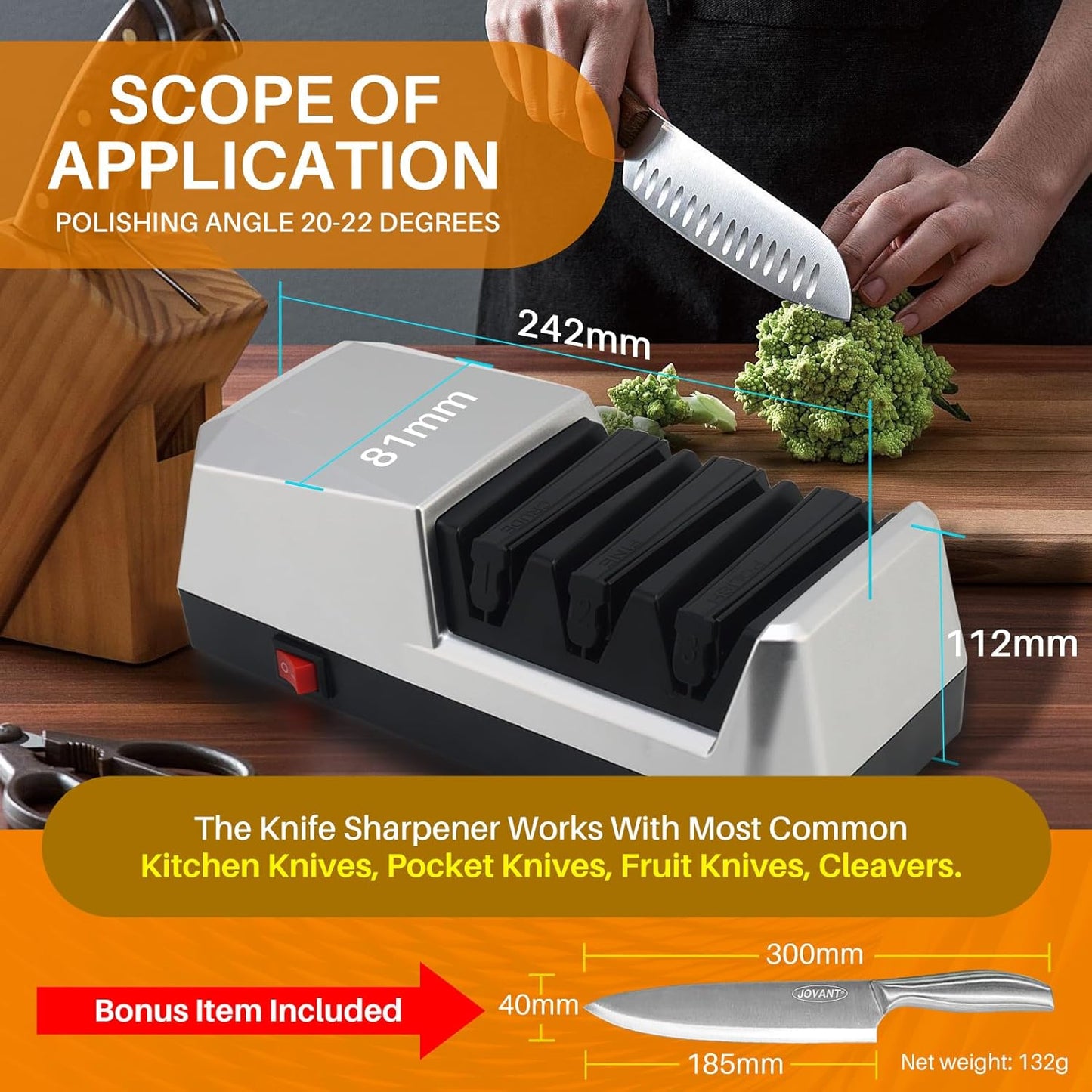 Electric Knife Sharpener with 3-step Sharpening System and Diamond Abrasives, Suitable for Most Metal and Ceramic Knives. The Knife Sharpener comes with the Angle Guide Function (ETJ004COMB)