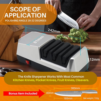 Electric Knife Sharpener with 3-step Sharpening System and Diamond Abrasives, Suitable for Most Metal and Ceramic Knives. The Knife Sharpener comes with the Angle Guide Function (ETJ004COMB)