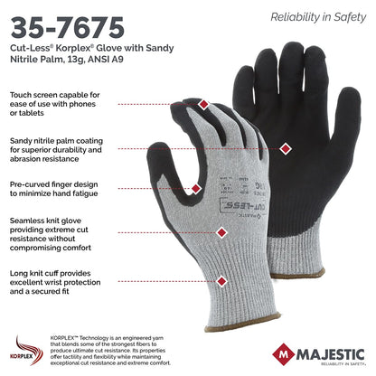 Majestic Cut-Less Korplex Glove with Sandy Nitrile Palm | 12 Pair - MED | 13 Gauge Liner, ANSI A9, Extreme Cut Resistance, Breathable, Gray/Black | for Automotive, Industrial, Manufacturing | 35-7675
