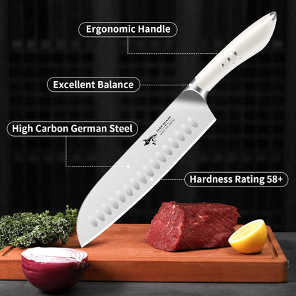MAD SHARK 8 Inch Santoku Knife - Ultra Sharp Japanese Kitchen Knife with High Carbon German Steel, Ergonomic Handle, Ideal for Slicing, Dicing, Cutting - Unique Gift for Chefs, Men & Women (Black)