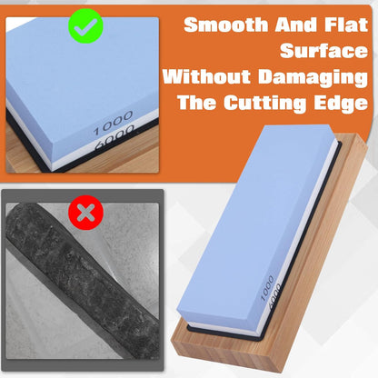 Whetstone Knife Sharpening Stone Kit 1000/6000 Grit Double Sided Kitchen Whetstone Knife Sharpener Wet Stones Flattening Stone with Non-Slip Silicon Bases, Bamboo Bases and Angle Guide