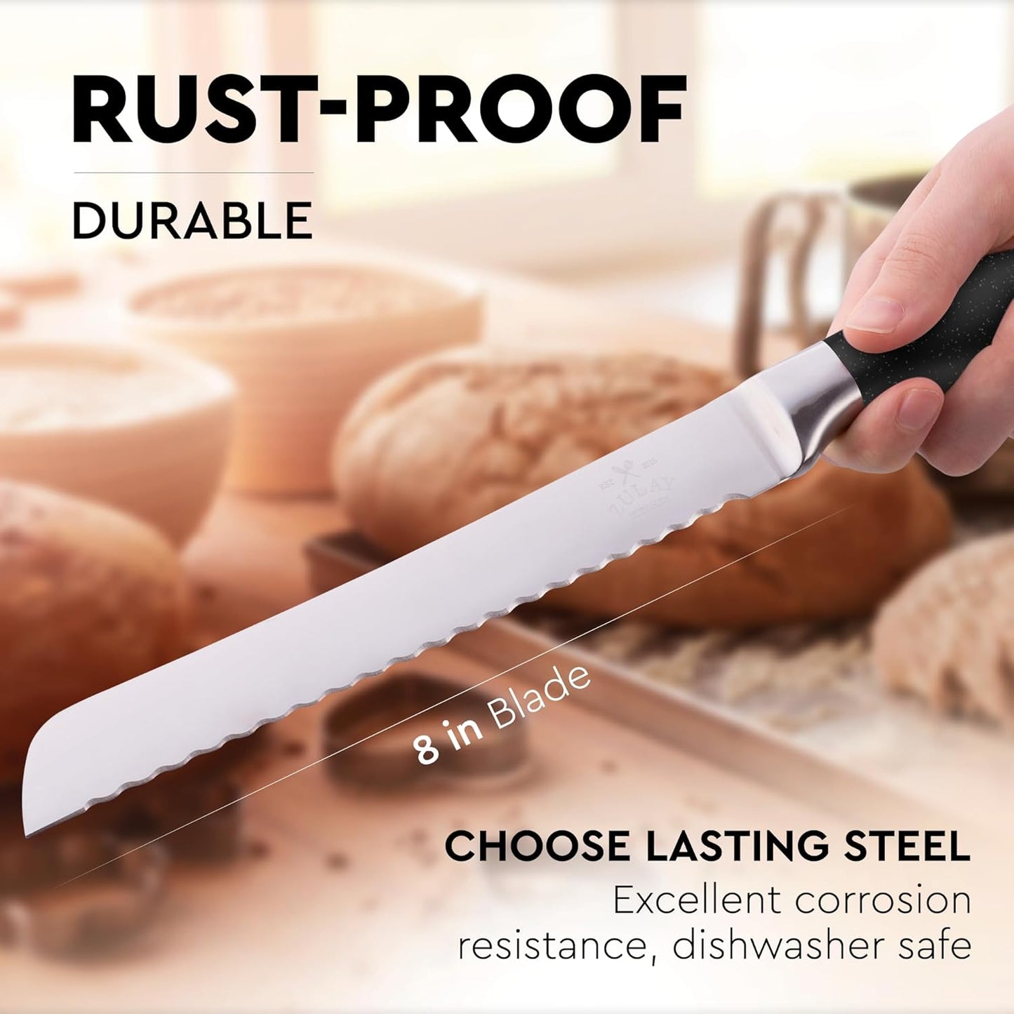 Zulay Kitchen Serrated Bread Knife - 8 Inch Stainless Steel Bread Cutter for Homemade Bread, Cake, Bagels, Pastries - Sharp & Durable Slicing Knife with Tip Safety Guard - Non-Slip 5" Handle - Blue