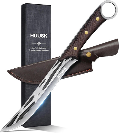 Huusk Viking Knife with Sheath - Hand Forged Butcher Knife for Meat Cutting - High Carbon Steel Meat Knives- Multipurpose Japanese Chef Knives for Camping, Outdoor, BBQ, Gift for Men and Women