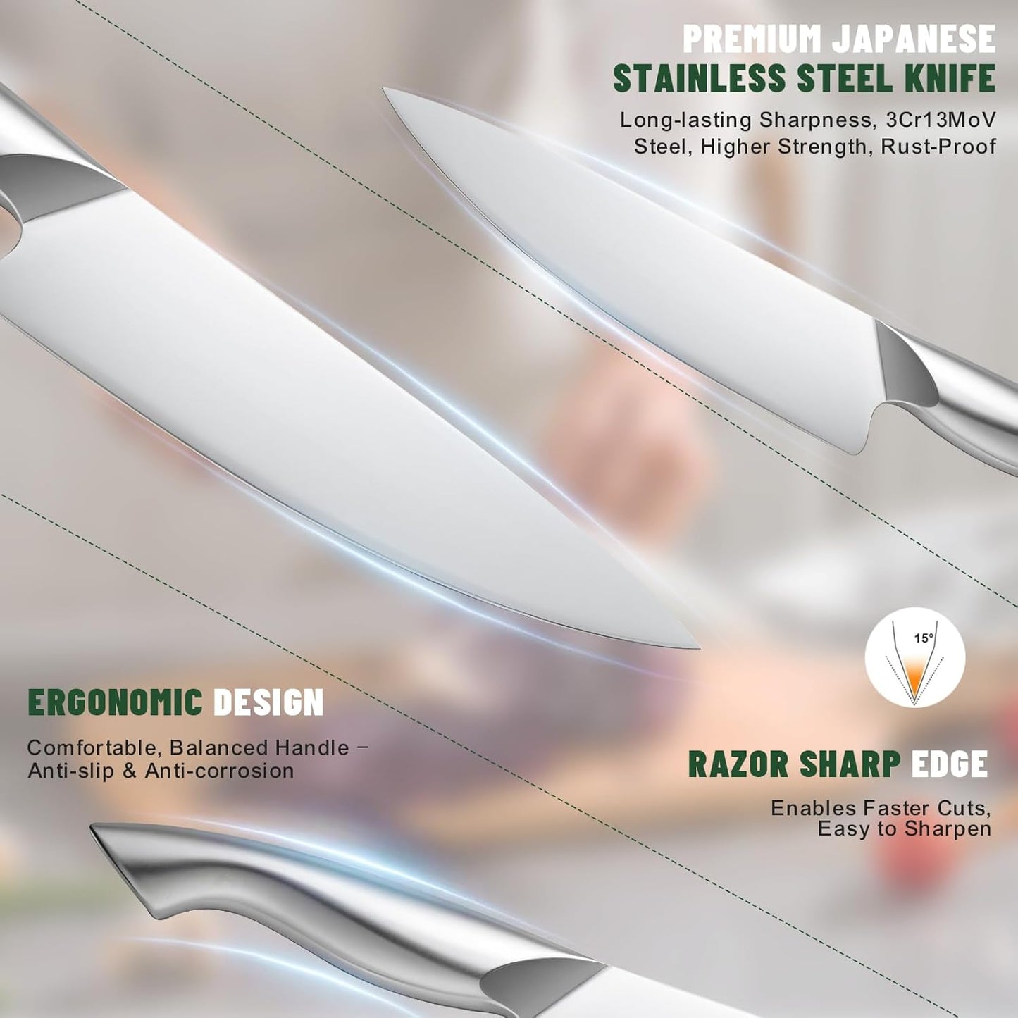 Knife Set, EWFEN 14-Piece Kitchen Knife Set with Block, German Stainless Steel Knives with Built-in Knife Sharpener, Anti-Slip Sharp Knives Set for Kitchen, Dishwasher Safe, Curved Handle