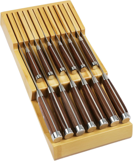 Bamboo Kitchen Drawer Knife Block, In drawer Knife Holder, Knife Drawer Organizer fit for 13 knives