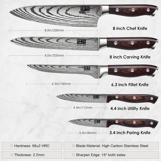 SHAN ZU Knife Set 16 pcs, Japanese Kitchen Knife with Block High Carbon Stainless Steel Ultra Sharp Knife for Kitchen, Professional Chef Knife Set with Sharpener