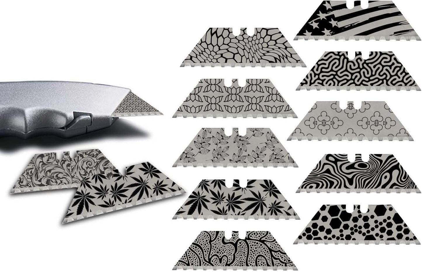 NDZ Performance Serrated Steel Blade Replacement for Utility Knife & Box Cutters, Custom Double Sided Laser Engraved Designs, Silver - Skull - 3 Pack