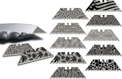 NDZ Performance Serrated Steel Blade Replacement for Utility Knife & Box Cutters, Custom Double Sided Laser Engraved Designs, Silver - Skull - 3 Pack