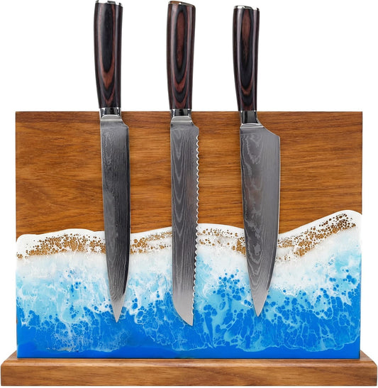 Magnetic Knife Block Double Sided Magnetic Knife Board Acacia Wood Blue Resin Ocean River Magnet Knives Holder Stand for Kitchen Storage Counter Gifts for New Home 13 x 10 Inch Without Knives