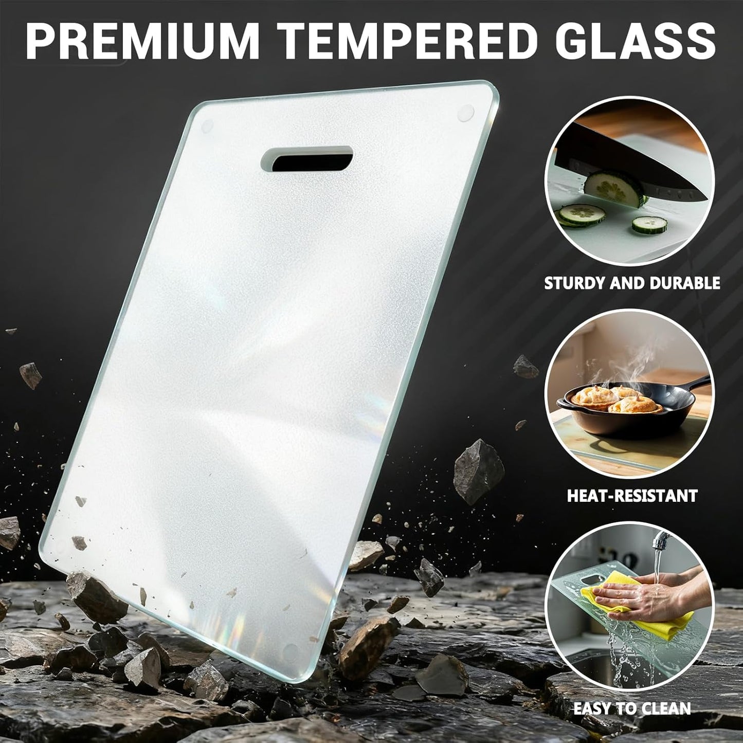 Tempered Glass Cutting Board for Kitchen, 2PCS Clear Chopping Board with Handle (16"x12" & 12"x8"), Plastic Free, Scratch Resistant, Heat Resistant, Dishwasher Safe, Non-toxic, Easy to Clean