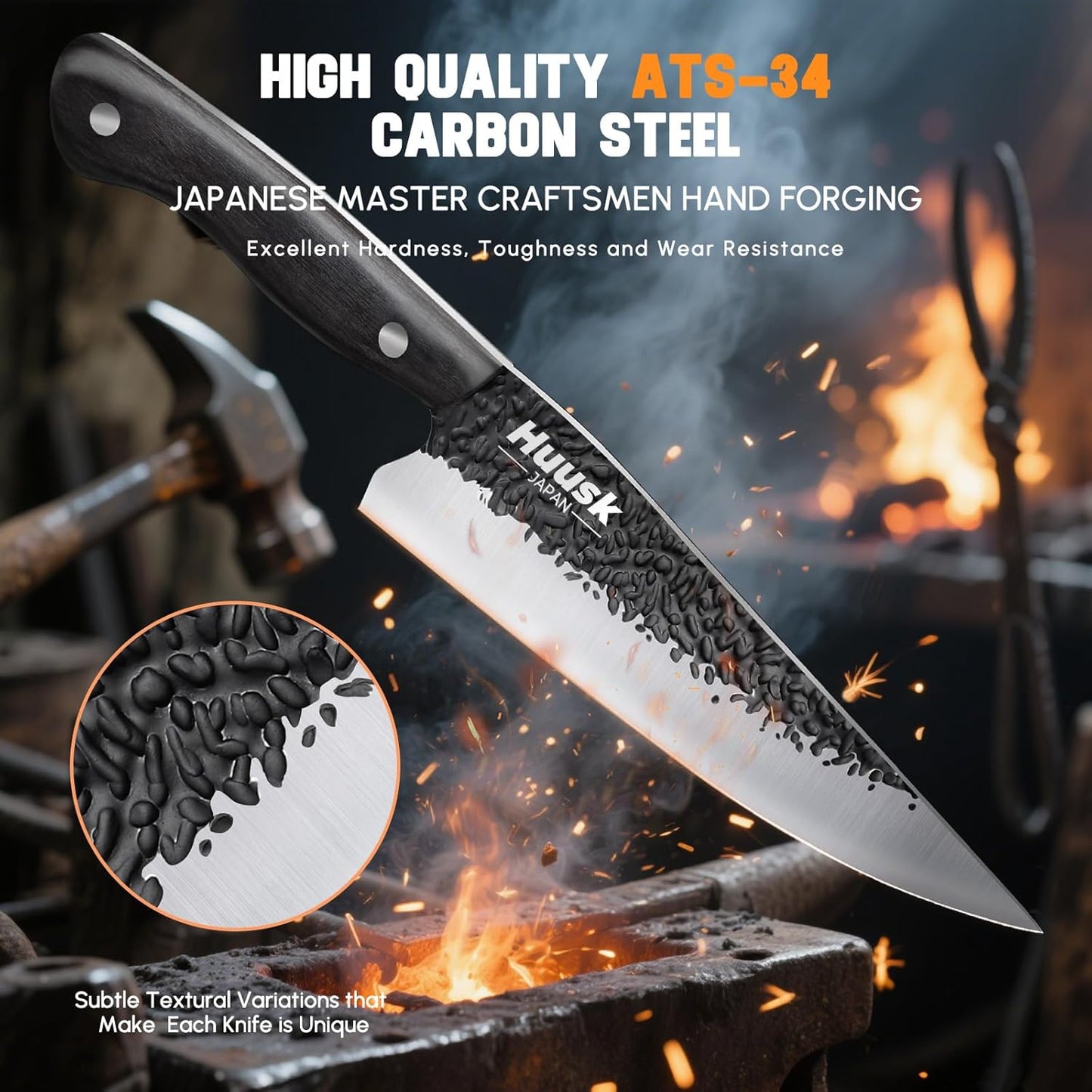 Huusk Japanese Chef Knife Set - Hand Forged Kitchen Knives for Meat Cutting - ATS-34 Carbon Steel Knives Set with Wooden Handle - Viking Cooking Knife Sets for BBQ Christmas Gift for Men and Women
