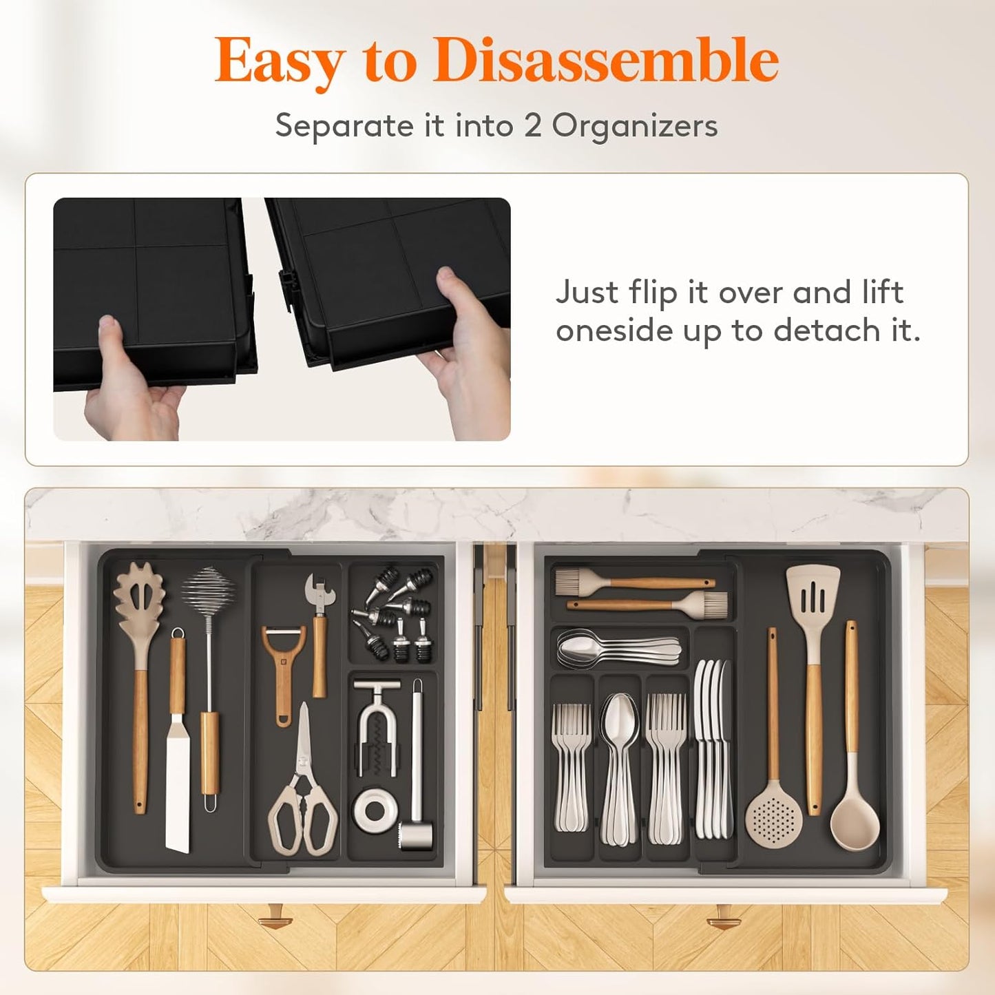 Lifewit Utensil Organizer for Kitchen Drawer, Expandable Cooking Silverware Tray, Adjustable Cutlery Flatware Holder, Plastic Spatula Tools Storage Divider, 14.4 x 15.8", Black