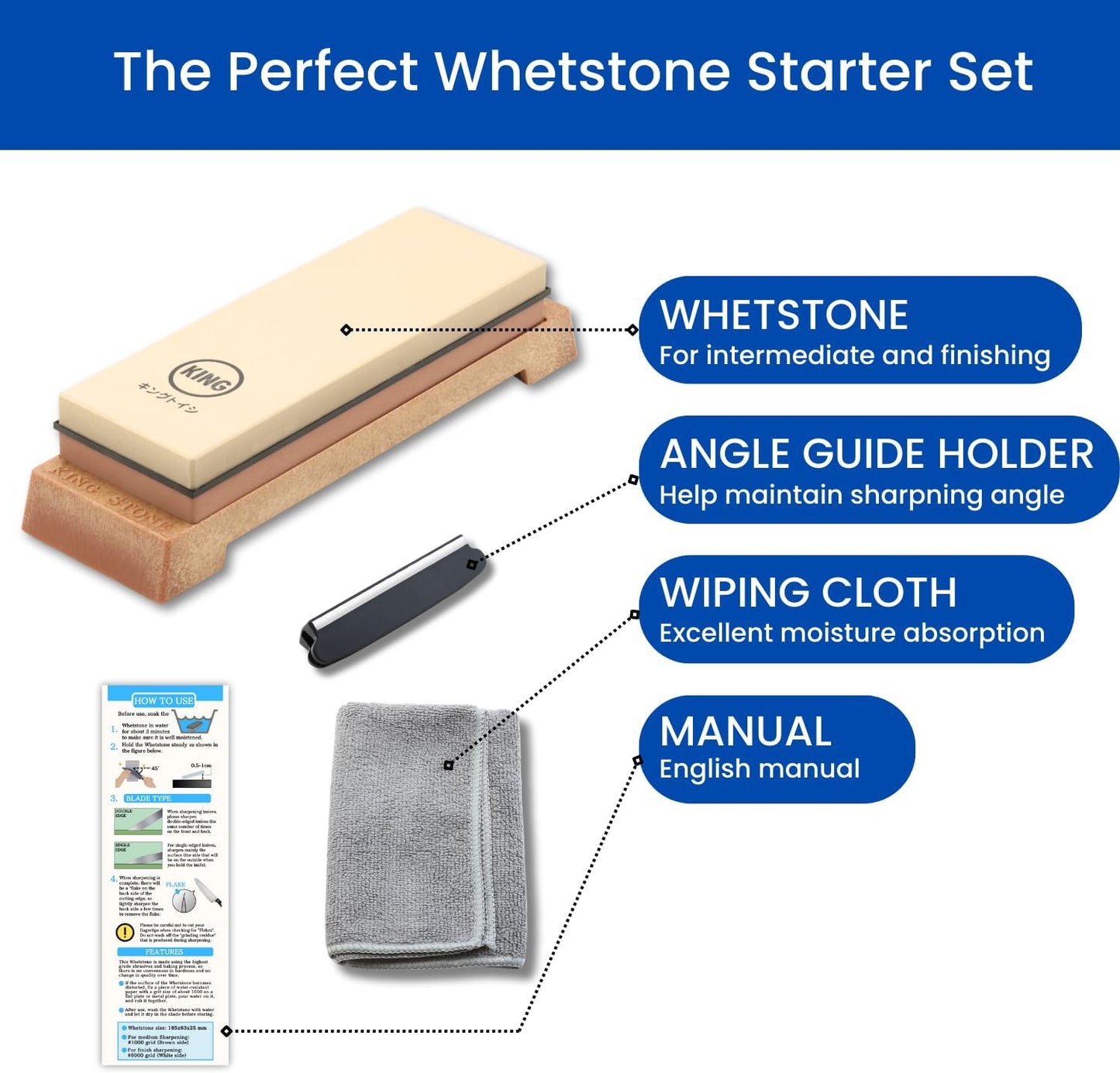BJDesign Premium KING Whetstone Set Include 1000/6000 Grit Combination Whetstone made in Japan, Knife Angle Holder, Wiping Cloth and Stable Plastic Base