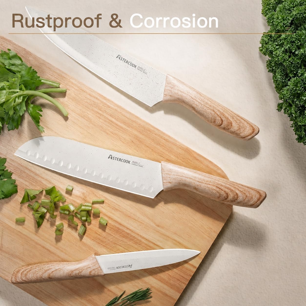 Astercook Knife Set, 13 Pieces Kitchen Knives Set with Ceramic Coating, Stainless Steel Chef Knife Sets with 6 Blade Guards, Dishwasher Safe Knives with Wooden Handle, Elegant White