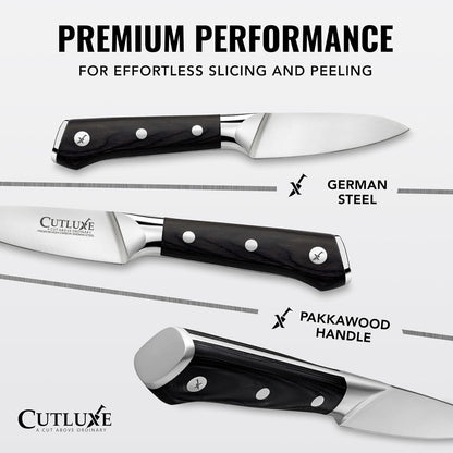 Cutluxe Paring Knife, 3.5" Small Kitchen Peeling Knife with Razor Sharp Blade – High Carbon German Steel, Full Tang, Ergonomic Handle Design – Artisan Series