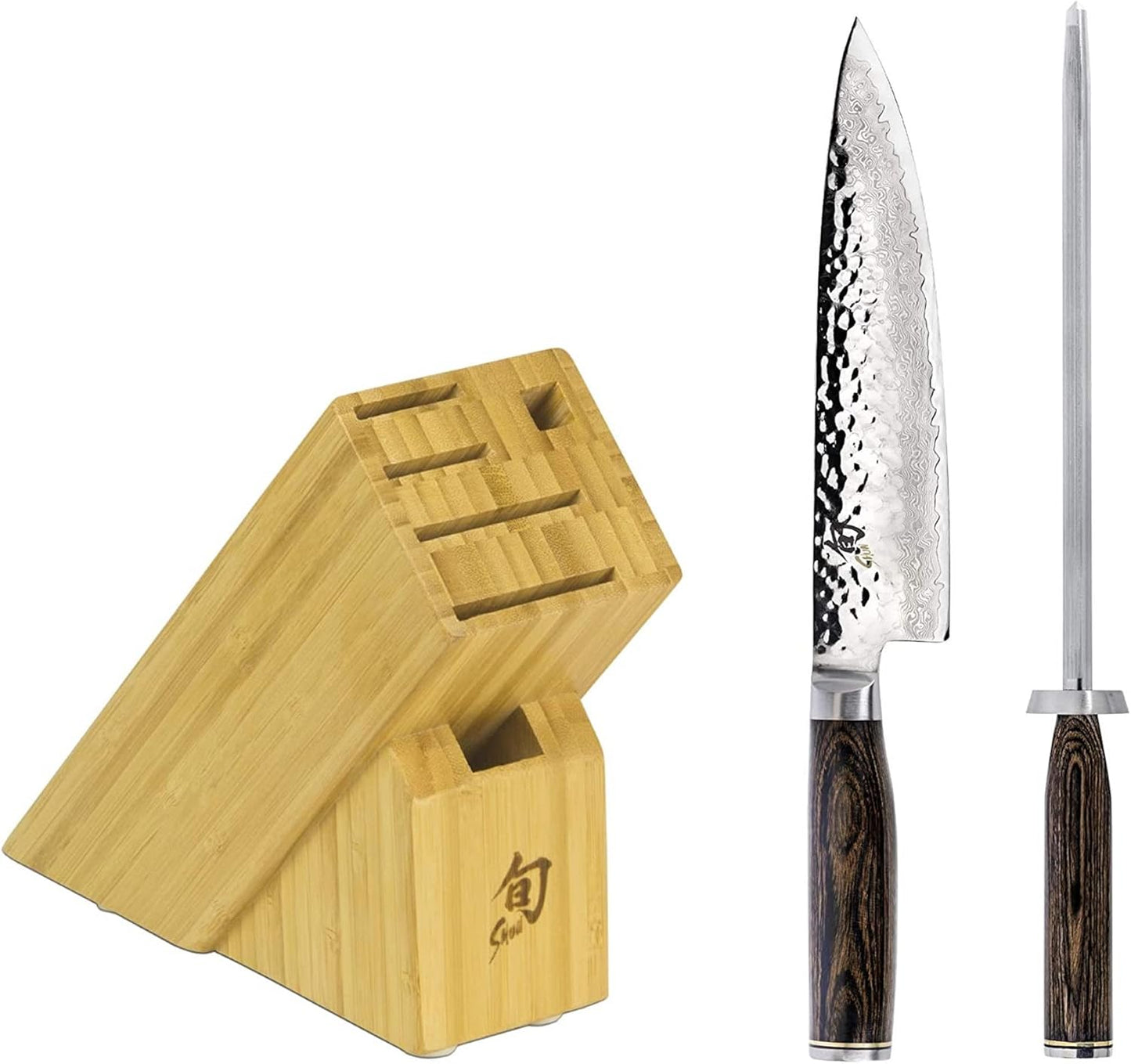 Shun Premier 8 Piece Professional Block Set, Features 6 Shun Premier Knives, Honing Steel and 11-Slot Bamboo Knife Block, Handcrafted Japanese Knife Set, Pakkawood Handles