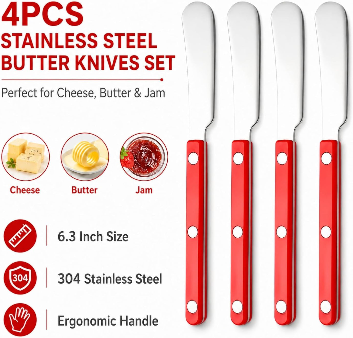 4PCS Stainless Steel Butter Knives Set: 6.3 Inch Cheese Spreader 304 Stainless Steel with Ergonomic Handle for Cheese, Butter & Jam (green)