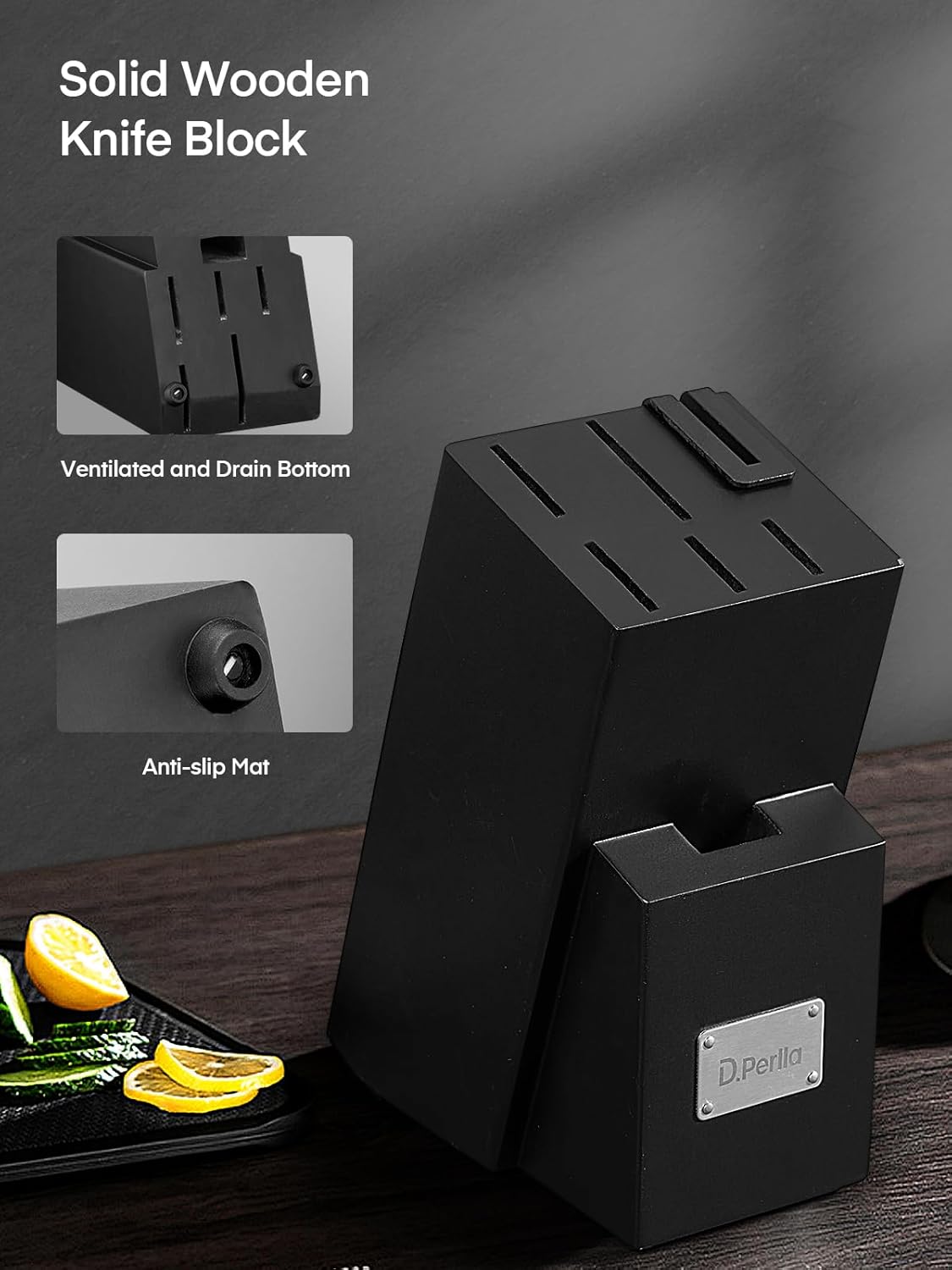 Knife Set, D.Perlla 8 Pieces Kitchen Knife Set with Built-in Sharpener, High Carbon German Stainless Steel Knife Block Set with Unique Waved Pattern, Non-slip Handle, Black