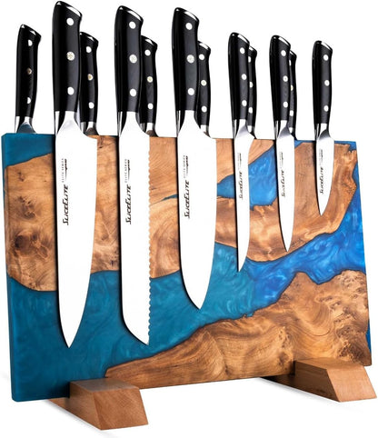 SliceElite Magnetic Knife Block Double Sided Holder East Indian Walnut Black Resin Dual Surface Magnet Storage for Knives on Kitchen Countertop Holds Up To 20 Knives