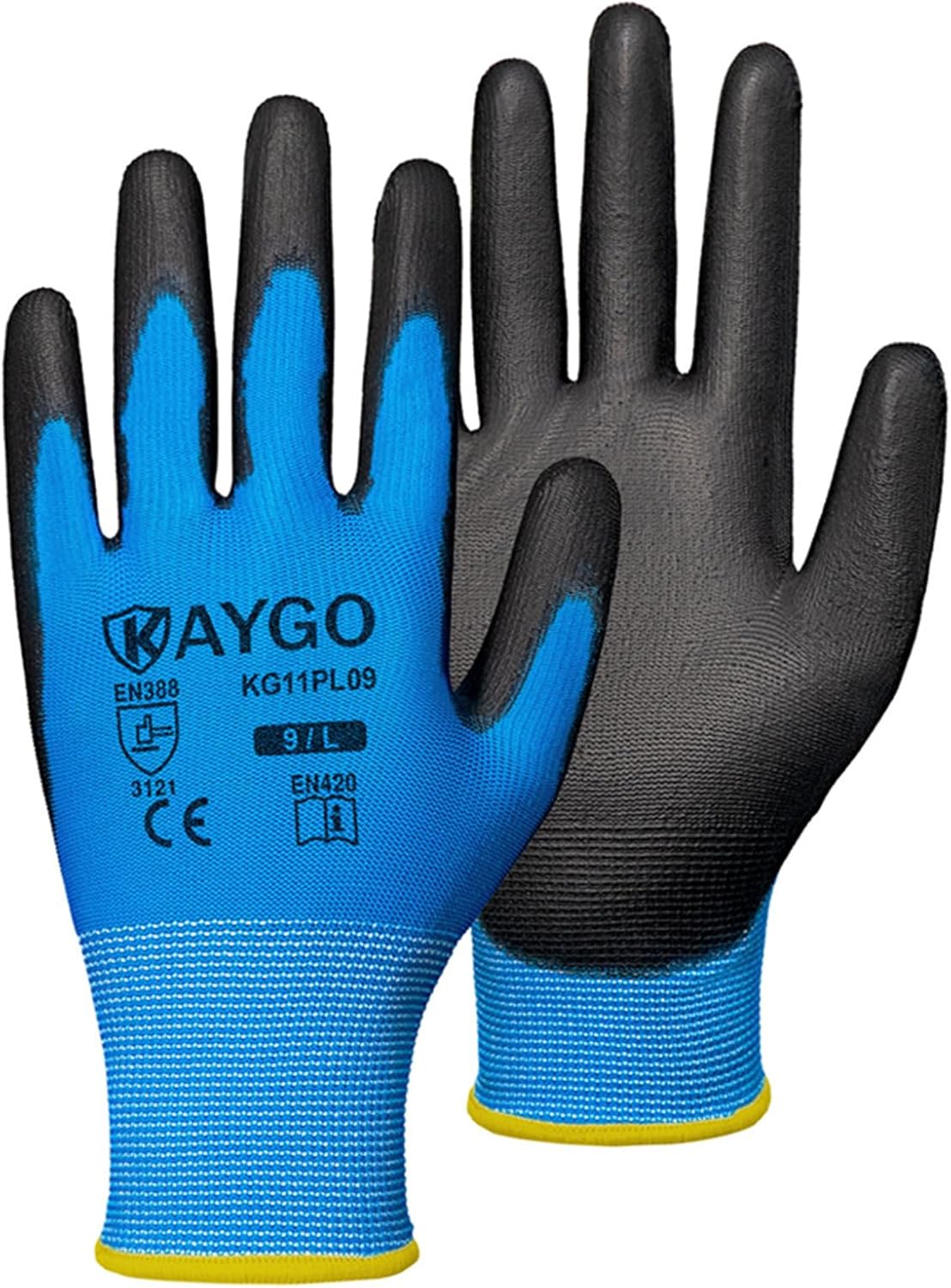 KAYGO Work Gloves for Men and Women,12 Pairs Seamless Knit PU Coated Safety Gloves, with Smooth Grip on Palm and Fingers, Ideal for Light Warehouse, Manufacturing, Gardening, KG11P (M, Black)