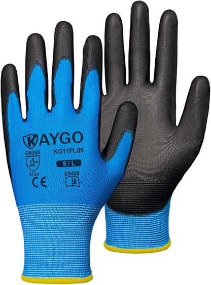 KAYGO Work Gloves for Men and Women,12 Pairs Seamless Knit PU Coated Safety Gloves, with Smooth Grip on Palm and Fingers, Ideal for Light Warehouse, Manufacturing, Gardening, KG11P (M, Black)