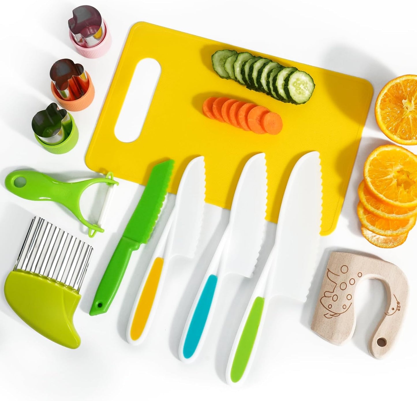 Kids Kitchen Knife Set, 15 Pcs BPA Free Montessori Kitchen Tools for Toddlers' Real Cooking, Include Knives, Crinkle and Sandwich Cutters, Peeler, Cutting Boards, Cleaning Tools for 3+ Birthday Gift