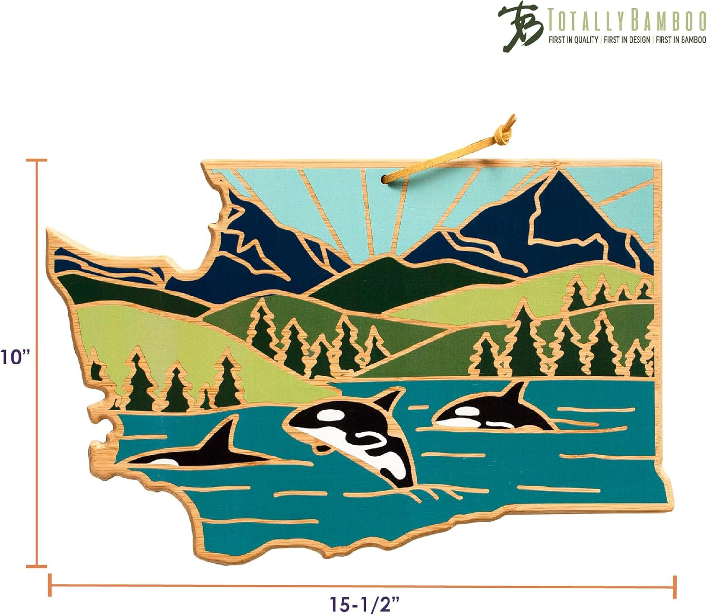 Totally Bamboo North Carolina State Shaped Cutting Board and Charcuterie Serving Platter with Artwork by Summer Stokes, Includes Hang Tie for Wall Display 18" x 8" x 5/8" - Colors B