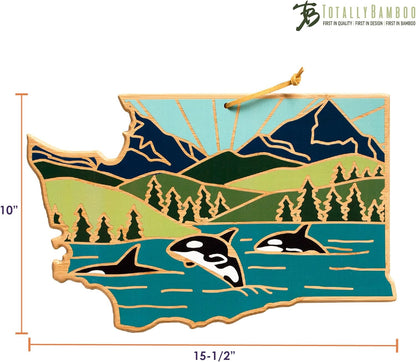Totally Bamboo North Carolina State Shaped Cutting Board and Charcuterie Serving Platter with Artwork by Summer Stokes, Includes Hang Tie for Wall Display 18" x 8" x 5/8" - Colors B