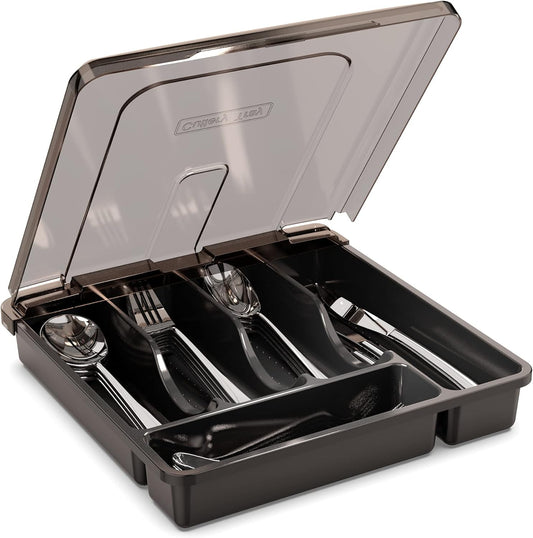 𝐅𝐥𝐚𝐭𝐰𝐚𝐫𝐞 𝐎𝐫𝐠𝐚𝐧𝐳𝐢𝐞𝐫 𝐰𝐢𝐭𝐡 𝐋𝐢𝐝, Plastic Silverware Tray for Drawer, 5 Compartments Utensil Holder for Countertop, Navy Blue